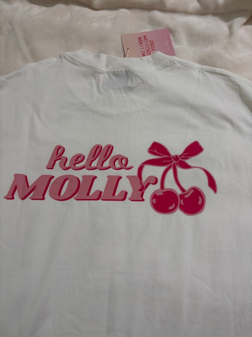 Hello Molly White Tee with Pink Cherry Logo